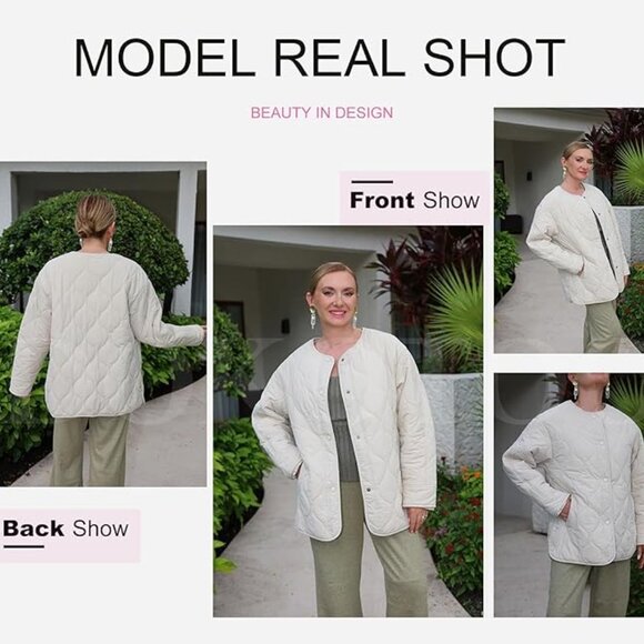 PrettyGarden Women's Quilted Lightweight Button Down Puffer Jacket Sz L Cream - Picture 3 of 4